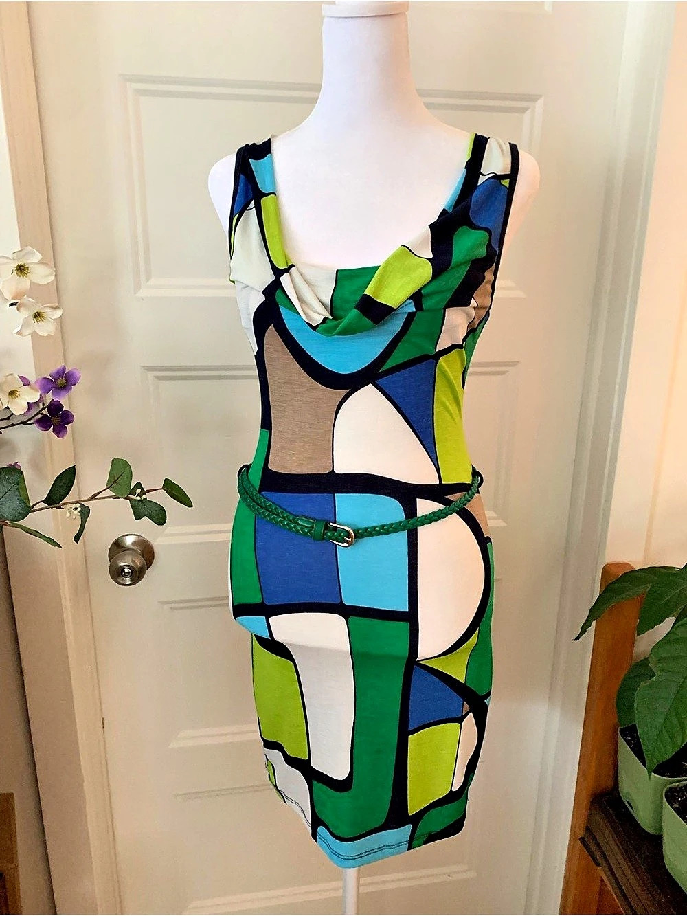 Just Me , Women's Geometric Cutout Mini Dress in Green & Blue Like New XS